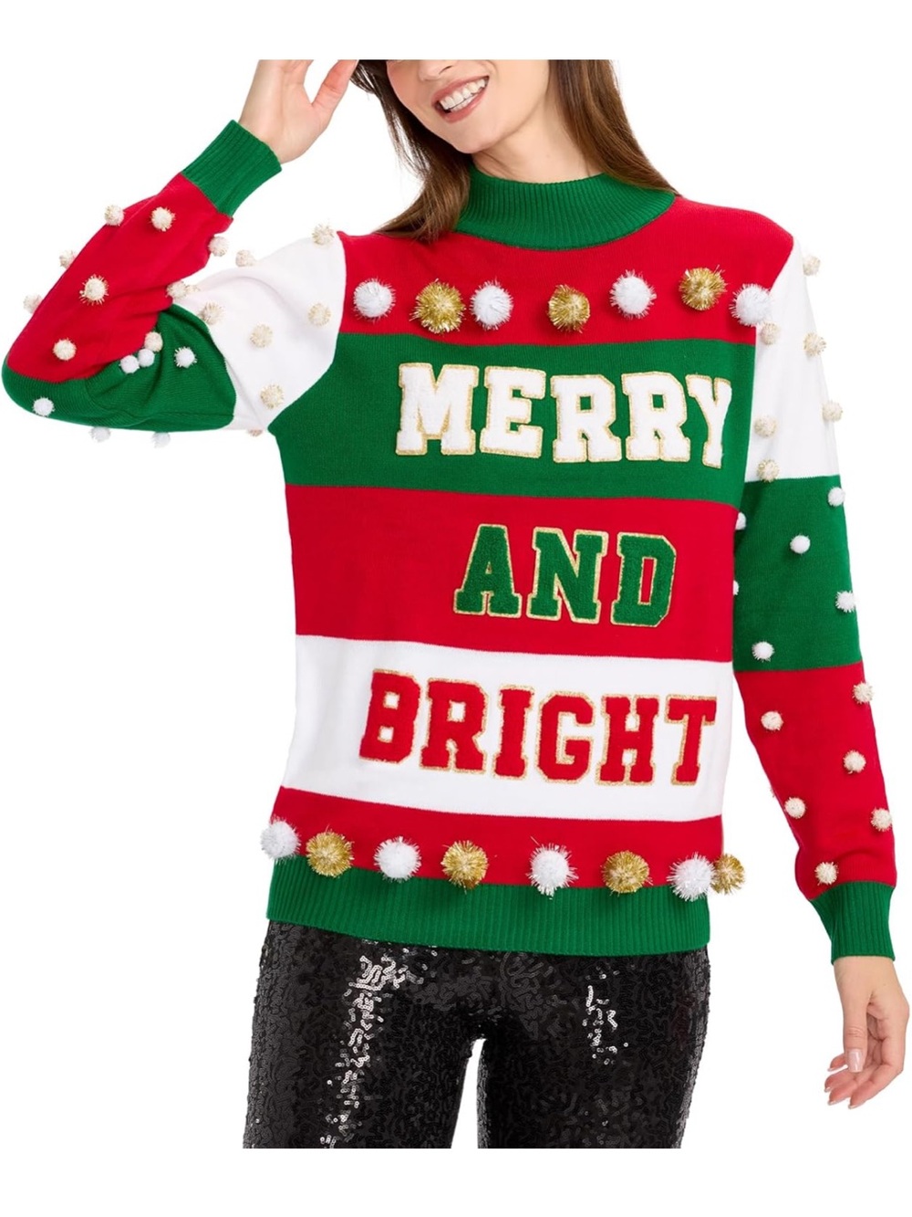 Tipsy Elves Merry and Bright Pom-Pom Sweater - Green/Red/White/Gold 2X